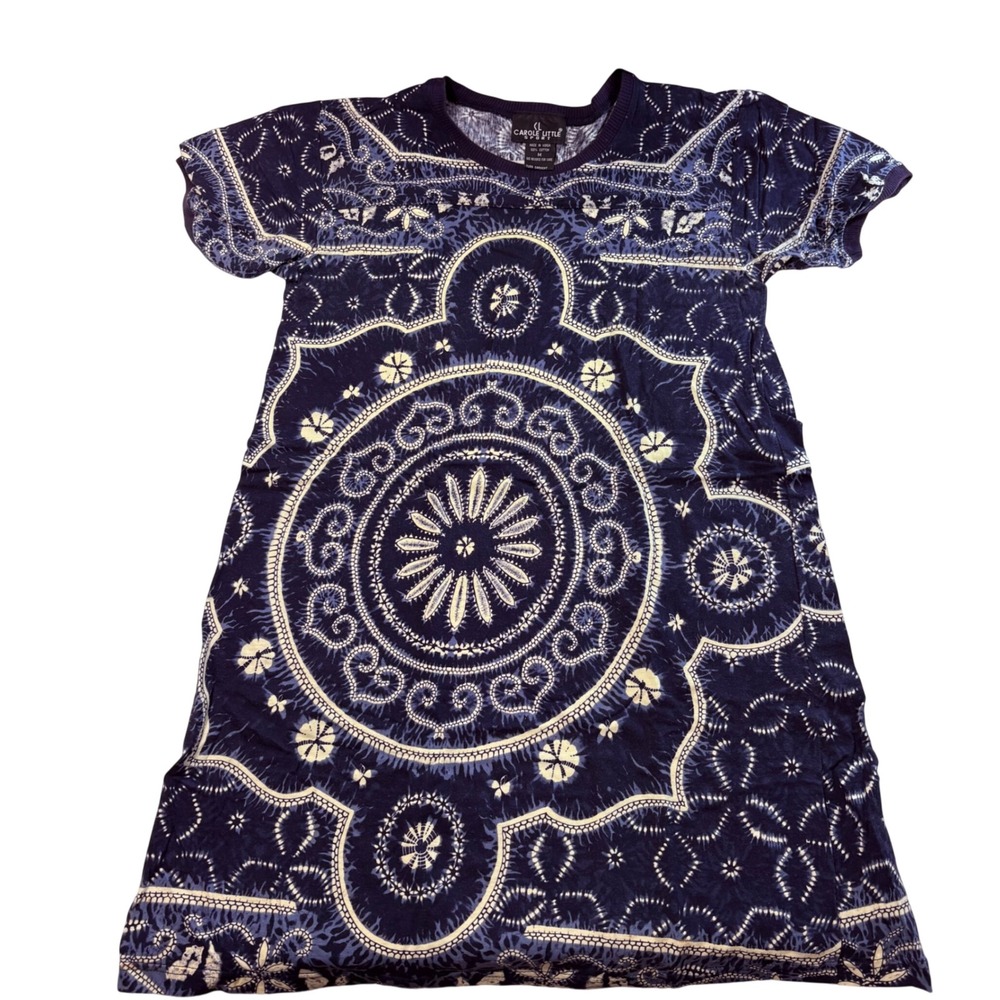 Vintage Carole Little Sport Navy Blue Cotton‎ Mandala Print T-Shirt Dress Medium